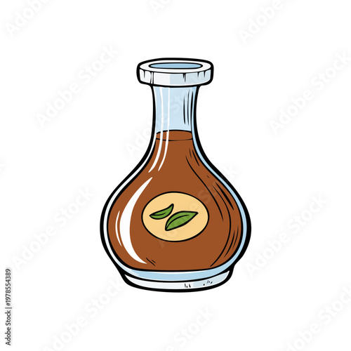 Cartoon glass bottle filled with brown liquid and two green leaves on a label