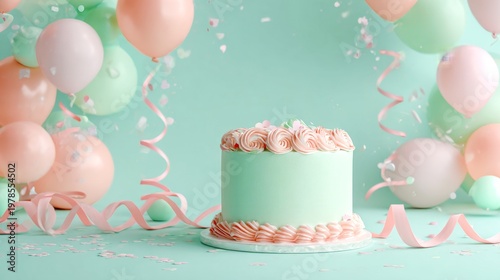 A beautiful mint green birthday cake surrounded by pastel balloons. This festive setup is ideal for celebrations. Perfect for party themes and event planning. Capture joy and sweetness. AI