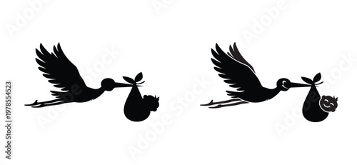 Flying stork brings a baby drawing. Stork holding a baby basket. Newborn baby girl or boy. cartoon bird. Stork flying in the sky. Stork carrying a baby silhouette. Kids concept. Welcome icon.