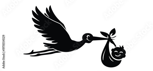 Flying stork brings a baby drawing. Stork holding a baby basket. Newborn baby girl or boy. cartoon bird. Stork flying in the sky. Stork carrying a baby silhouette. Kids concept. Welcome icon.