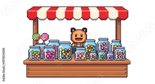 A cheerful bear-like character operates a charming wooden candy stall filled with glass jars of vibrant sweets under a red striped awning.