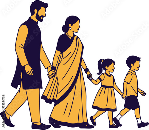 Vibrant graphic art of an Indian family, father, mother, and two children, walking hand-in-hand, representing generational bonds and cultural heritage and unity