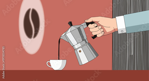 A hand pours coffee from a silver stovetop espresso maker into a small white cup
