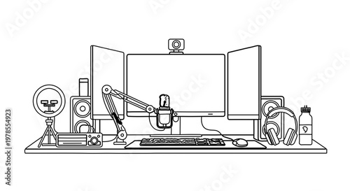 A minimalist line art illustration of a computer workstation with various office supplies and equipment