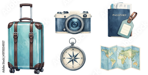 A watercolor collection of travel accessories featuring rolling suitcase, vintage camera, passport with boarding pass, compass, and folded world map isolated on white background.