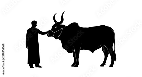 Eid ul Adha Black silhouette, man and bull, animal illustration, farm symbol, rural icon isolated on White Background vector