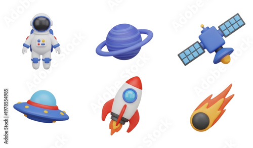 3D space vector icon set with astronaut, planet, rocket, UFO, satellite, and comet