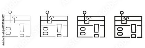 Set of four minimalist line icons representing a binder clip holding paper with an exclamation mark and circles, suitable for business or education themes.