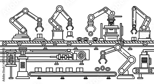 A detailed vector illustration of industrial robots working on a production line with machinery and equipment