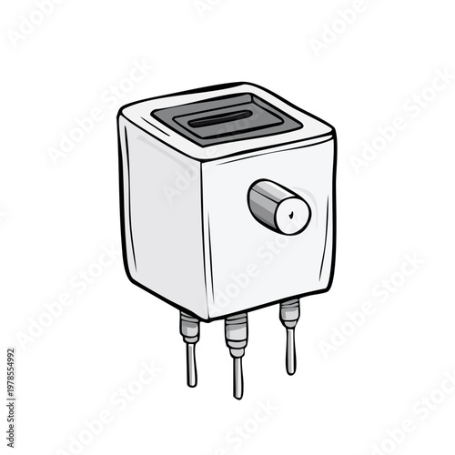 Abstract illustration of a small white cube-shaped electronic component with three pins and a circular dial