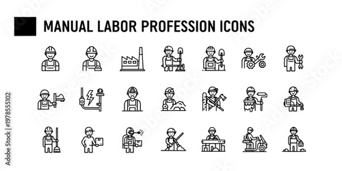 Minimalist Informational Set of Manual Labor Profession Icons Collection on White Background
