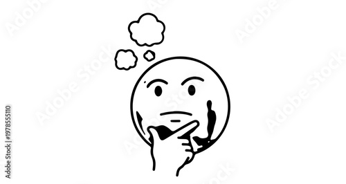 A minimalist vector graphic of a thinking face with a hand on its chin and thought bubbles