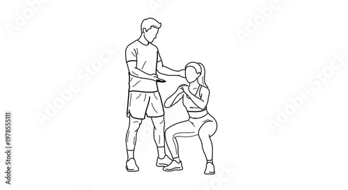 A minimalist line art illustration of a fitness trainer assisting a woman with her workout routine in a modern gym setting.