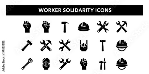 A Set of Minimalist Graphic Worker Solidarity Icons Representing Determination and Unity for Labor Movements and Industrial Workers