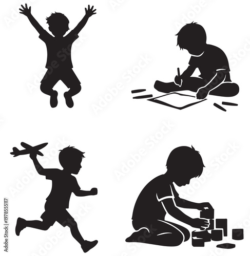 Children play silhouettes with jumping drawing airplane running and block stacking