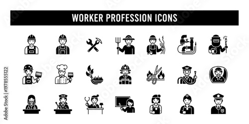 Minimalist professional worker profession icons in black and white featuring diverse jobs like doctor chef firefighter and construction worker for employment concepts