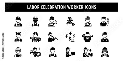 This minimalist informational icon collection features diverse worker silhouettes and symbols for celebrating Labor Day, various trades, professions, and industrial occupations.