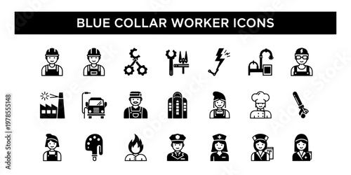Professional and Informative Blue Collar Worker Icon Set in Minimalist Graphic Design Style Featuring Diverse Professions and Trades for Various Industries