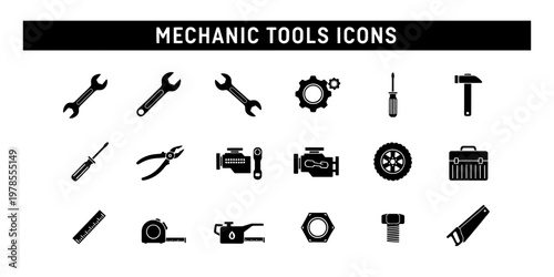 Professional Minimalist Mechanic Tools Graphic Icon Set for Auto Repair and Construction in a Functional Black and White Style