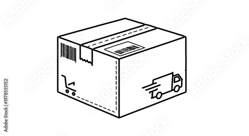 A minimalist vector graphic illustration of a package box with delivery symbols