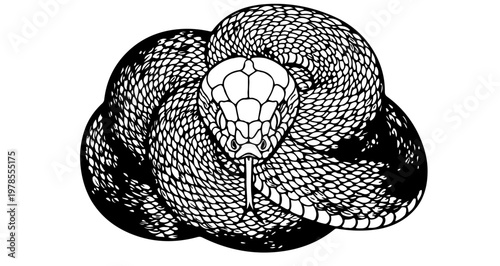 A black and white vector illustration of a coiled snake with its tongue out