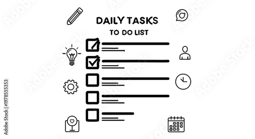 A minimalist vector graphic illustration of a daily tasks to-do list with checkboxes and icons