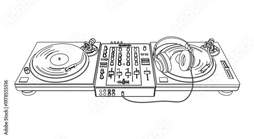 A minimalist vector illustration of a DJ turntable setup with headphones and a mixer