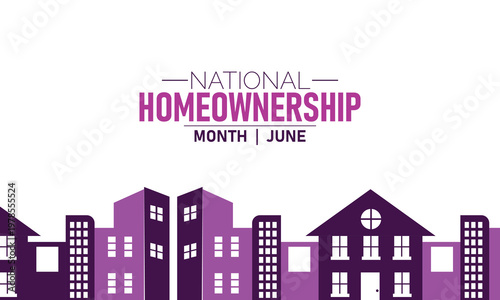 Obraz na plátně National homeownership month june banner with purple house and building skyline