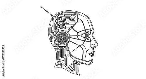 A futuristic robotic head with exposed circuitry and mechanical components in a minimalist line art style