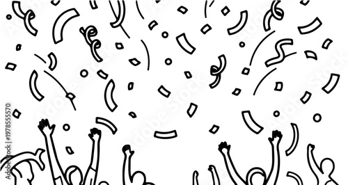 A minimalist vector graphic illustration of confetti and balloons in a celebratory scene