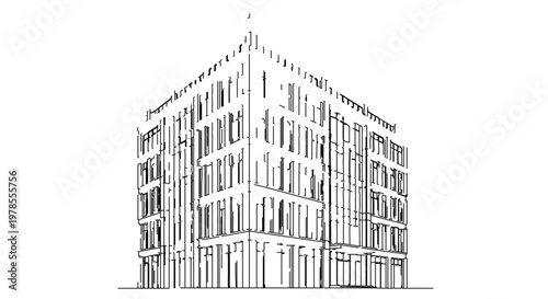 A minimalist line art illustration of a modern office building with a flat design style