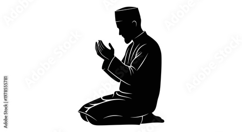 Eid ul Adha Praying man silhouette, Muslim man praying, Islamic prayer icon, black silhouette isolated on White Background vector