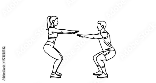 A vector graphic illustration of a man and woman performing squats in a fitness setting