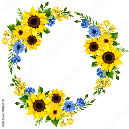 Floral wreath with yellow sunflowers, dandelion flowers, blue cornflowers, an...