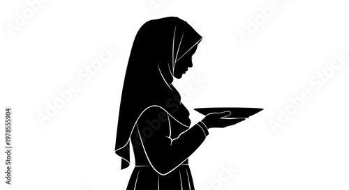Eid ul Adha Black silhouette woman wearing hijab, holding plate, modern minimalist icon isolated on White Background vector
