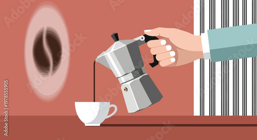 A hand pours coffee from a silver stovetop espresso maker into a white cup with coffee beans