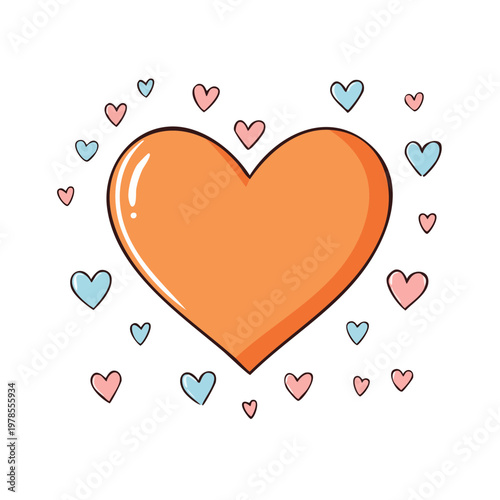 Large orange heart surrounded by smaller pastel colored hearts in a cheerful design