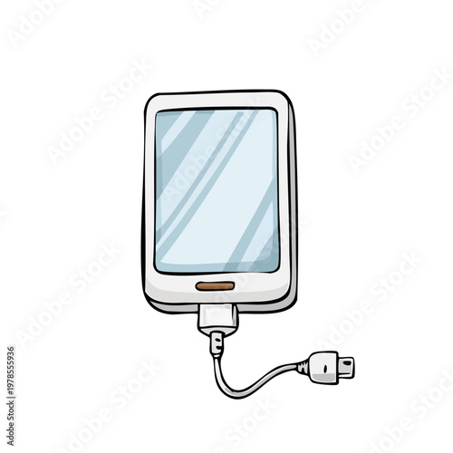White smartphone device plugged into a charging cable for power