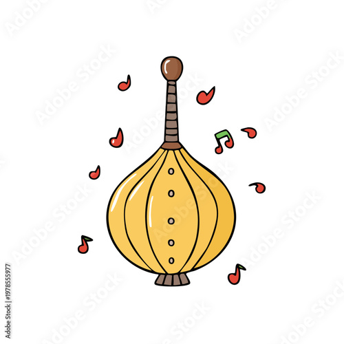 Traditional Musical Instrument with Floating Petals and Notes Illustration