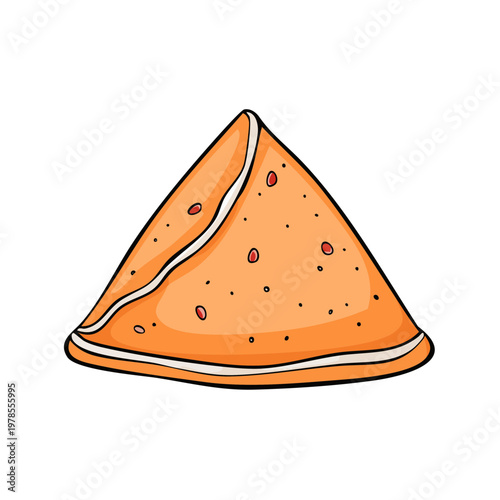 Triangular savory pastry with red filling close up isolated on white background