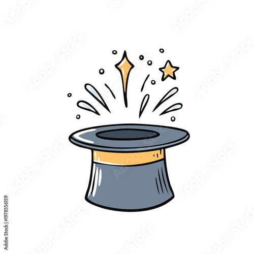A hand drawn illustration of a magician's top hat with stars and sparkles erupting from it