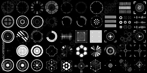 Collection of futuristic circular and geometric interface elements on black