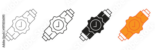 Set of four watch icons representing time and punctuality, with variations in line style and color including outline, solid black, and orange fill for diverse design applications