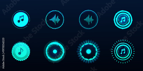 Foto Neon music icons and equalizer symbols on a dark background