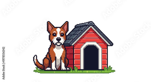 This pixel art vector illustrates a charming brown and white dog sitting faithfully next to its red doghouse on a small patch of green grass.