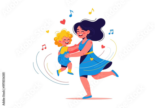 Woman and child dancing together happily.