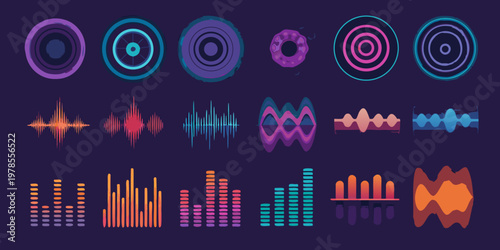 Abstract equalizer and sound wave elements in vibrant neon colors