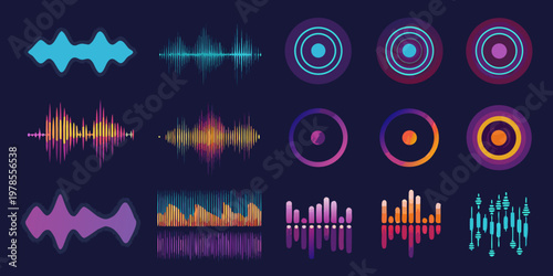 Abstract sound waves and audio spectrum visualizations in vibrant colors