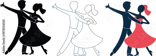 Dancing couple icon set featuring man and woman in ballroom pose with black silhouette outline and flat color versions