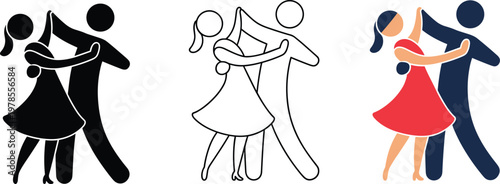 Dancing couple icon set featuring man and woman in ballroom pose with black silhouette outline and flat color versions